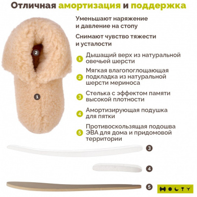Тапочки "Теплушки" мужские из натуральной шерсти (стелька с эффектом памяти) 030101-0200/э "Холти" (р.40, бежевый)